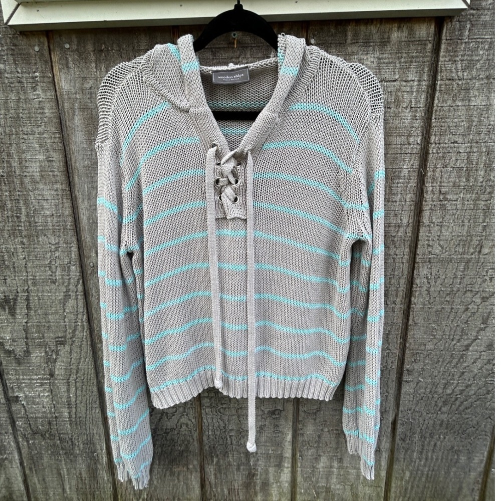 Wooden Ships Paola Buendia Striped Lace Up Hoodie Sweater Coastal Grandma Y2K